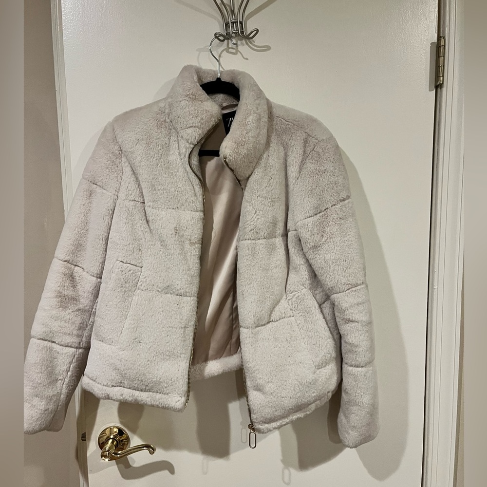 Lined Cream Color Fur Coat from Zara